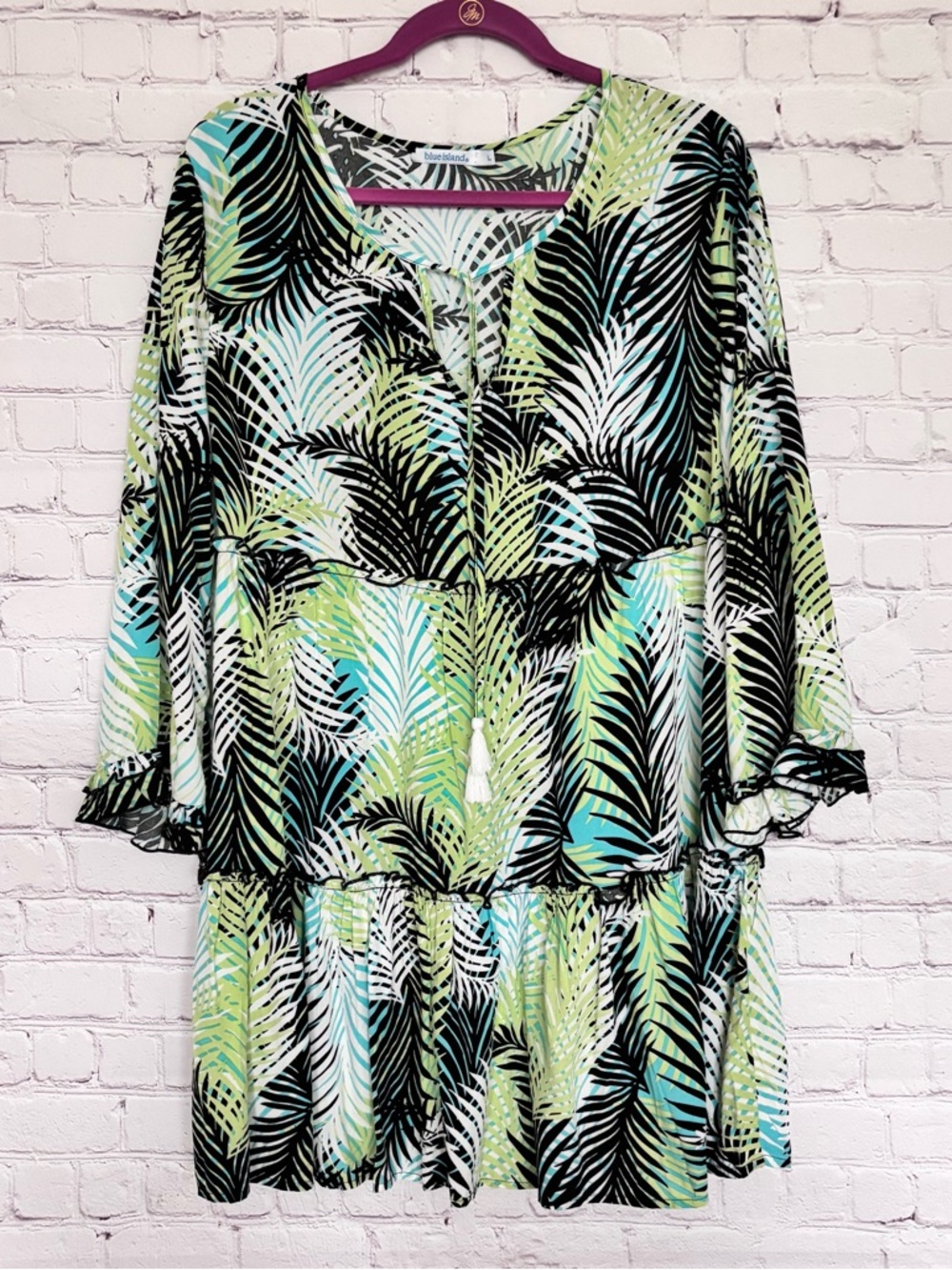 BLUE ISLAND Tropical Leaf Long Sleeve Beach Cover Up--EUC--L
